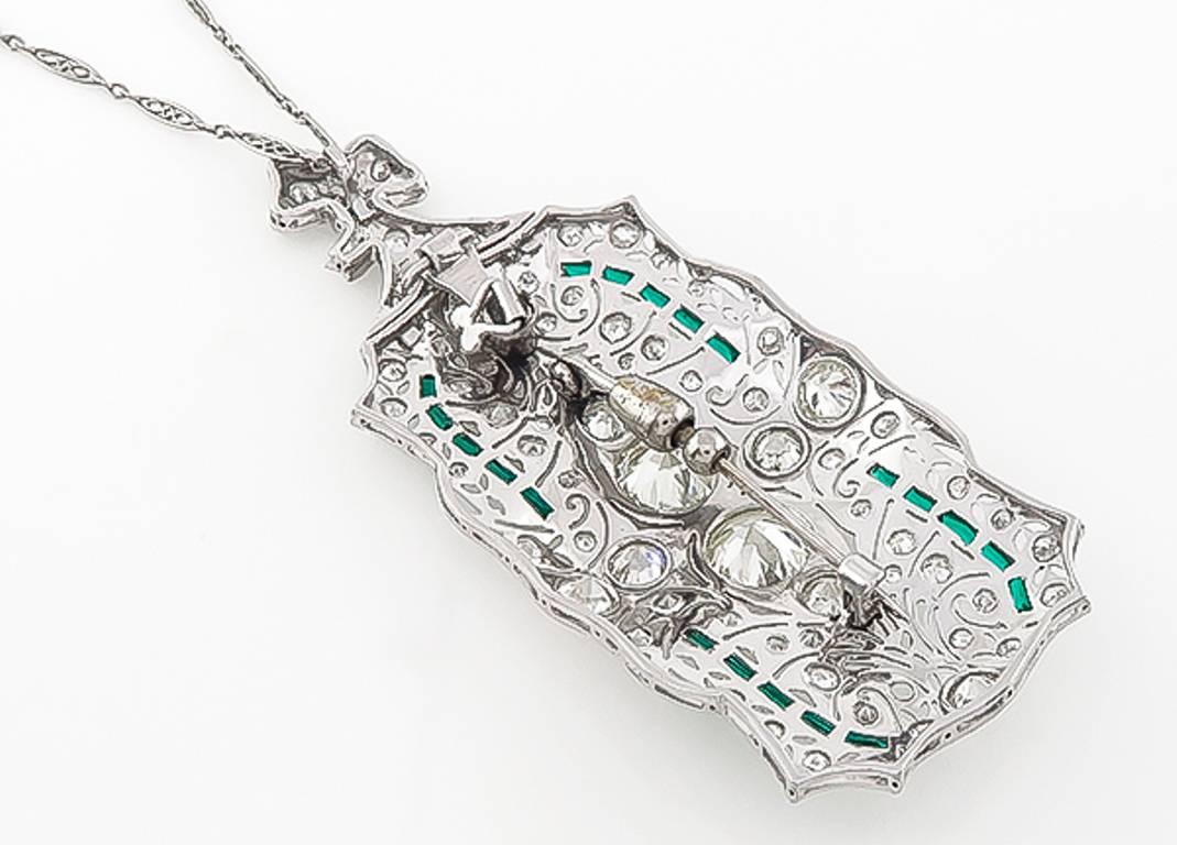 Women's or Men's Art Deco Emerald Diamond Platinum Pin Pendant Necklace