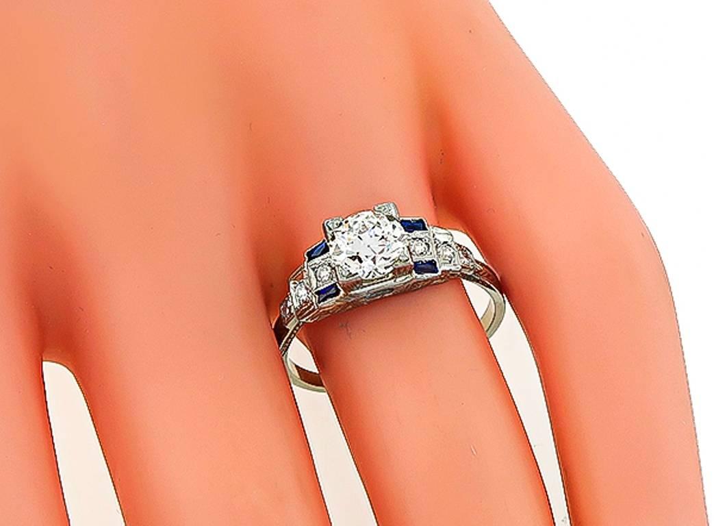 Art Deco Sapphire GIA Certified Diamond Gold Engagement Ring In New Condition In New York, NY