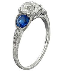 1.39 Carat GIA Certified Old Mine Diamond Sapphire Platinum Engagement Ring