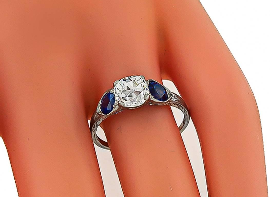 Round Cut 1.39 Carat GIA Certified Old Mine Diamond Sapphire Platinum Engagement Ring For Sale