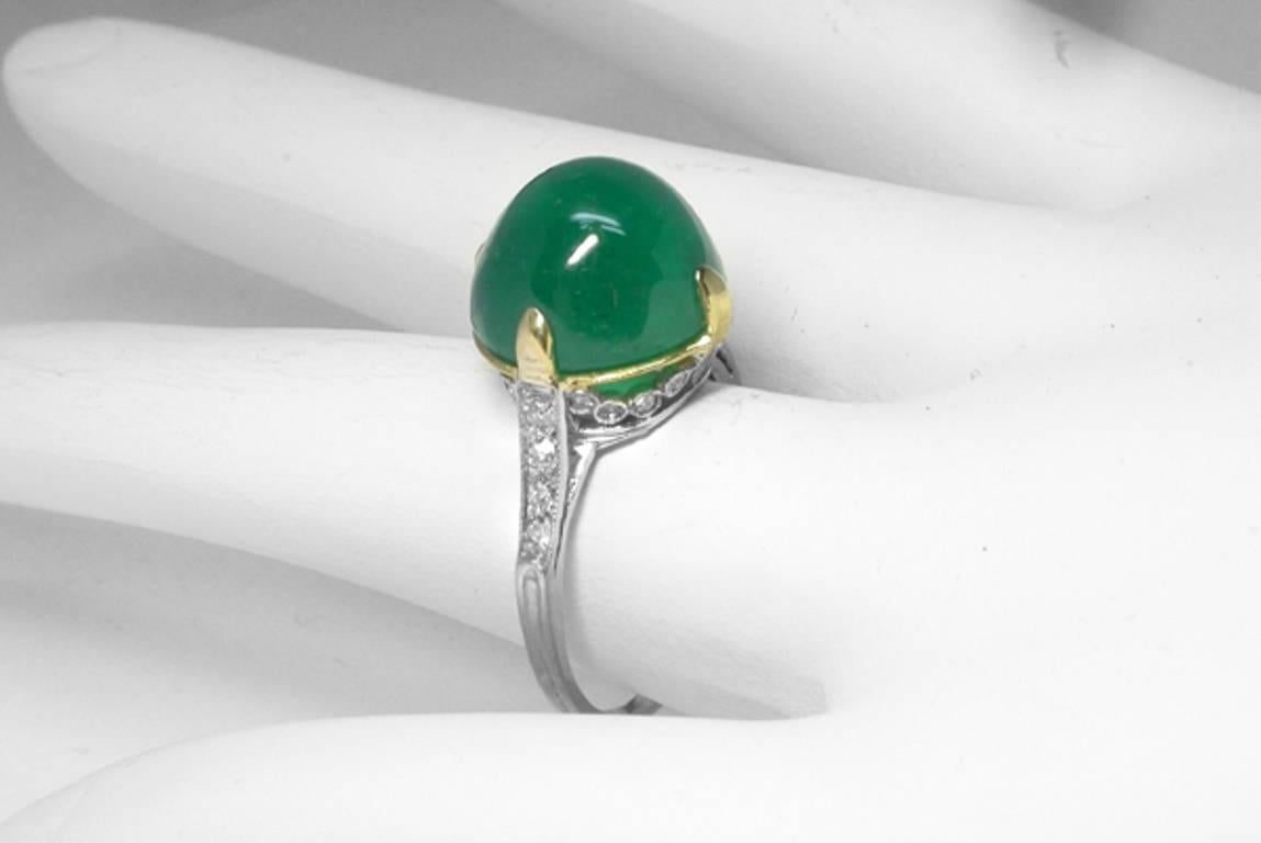 Edwardian Antique 8.60 Carat Cabochon Emerald Diamond Platinum Ring
