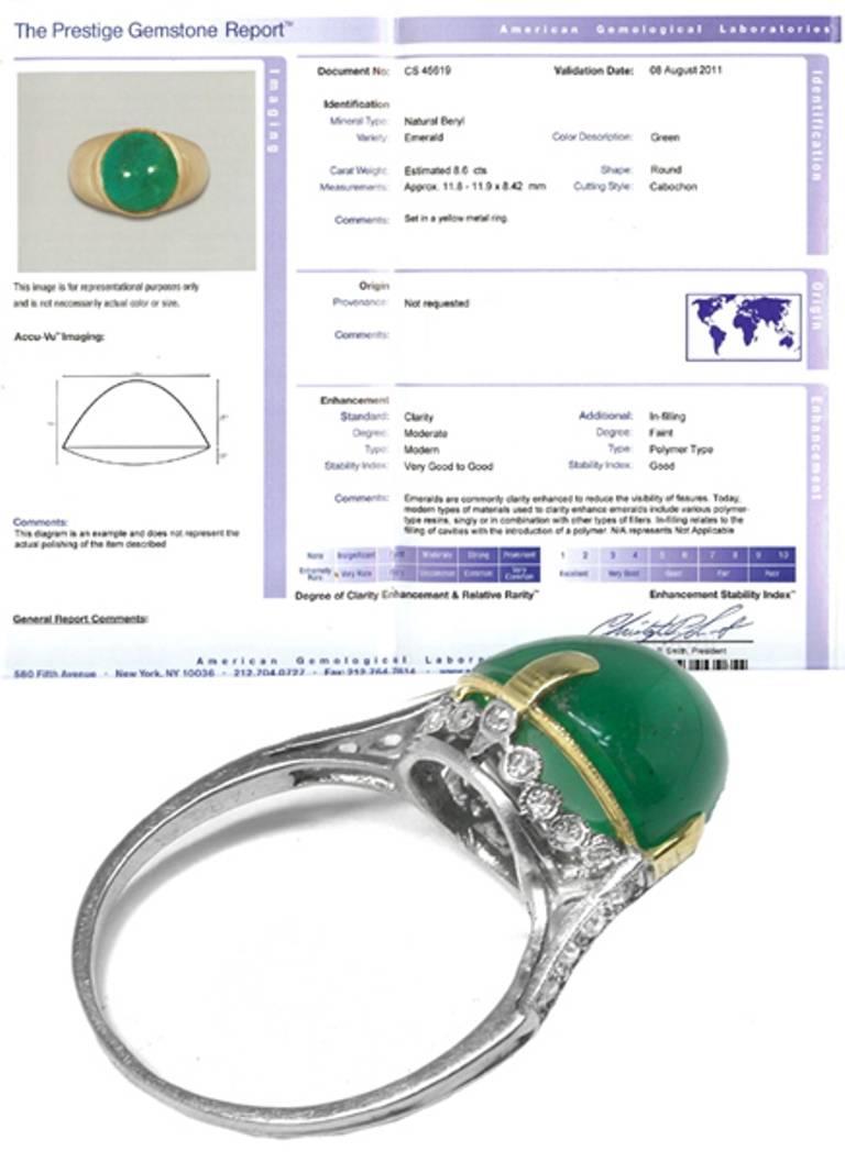 Antique 8.60 Carat Cabochon Emerald Diamond Platinum Ring In New Condition In New York, NY