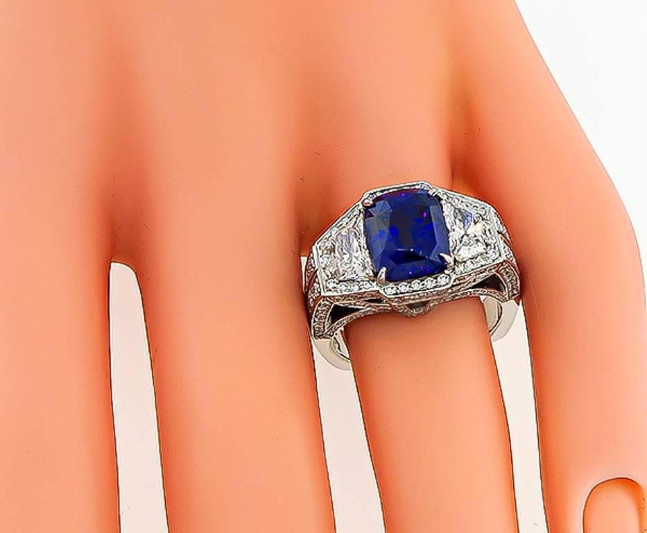 Women's or Men's 3.93 Carat AGL Certified Sapphire Diamond Platinum Ring For Sale