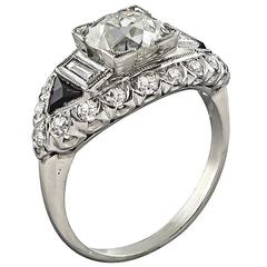 Art Deco 1.61 Carat GIA Diamond Onyx Platinum Ring