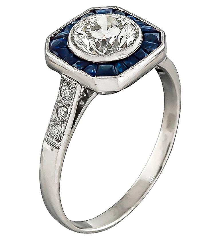 Round Cut GIA Certified 0.93 Carat Diamond Sapphire Platinum Halo Ring