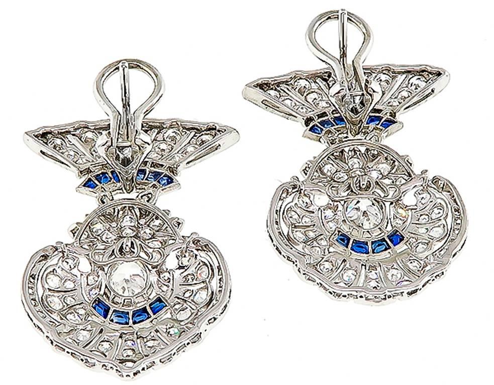 Amazing Art Deco 5 Carat Diamond Sapphire Earrings In Excellent Condition In New York, NY
