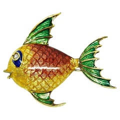 Enamel 18k Yellow Gold Fish Pin