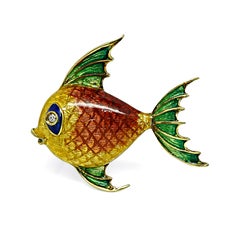Enamel 18k Yellow Gold Fish Pin