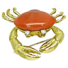 Coral Diamond 18k Yellow Gold Crab Pin