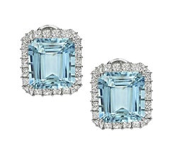 14k White Gold Halo Stud Earrings with 22ct Aquamarine & 4ct Diamonds