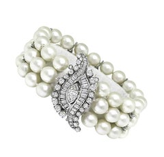 Vintage 1950s 14k White Gold Pearl Bracelet with 2.00ct Diamond Clasp