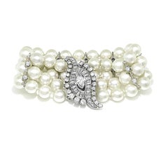 Vintage 1950s 14k White Gold Pearl Bracelet with 2.00ct Diamond Clasp