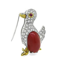 Vintage Missiaglia 1960s Coral Diamond Duck Brooch, 18k Gold, 2.00ct