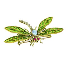 Exquisite Opal Diamond 14K Yellow Gold Plique-à-Jour Dragonfly Pin