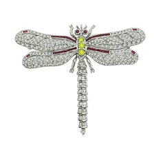 3.00ct Diamond 0.75ct Fancy Yellow Diamond Ruby 18k Gold Dragonfly Pin