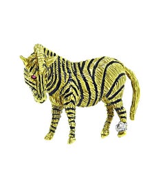 18k Yellow Gold Zebra Brooch with Diamond and Enamel, 20th Century