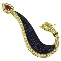 1.51ct Diamond 0.68ct Ruby Onyx 18k Yellow Gold Peacock Pin