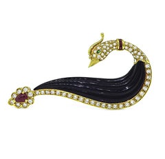 1.51ct Diamond 0.68ct Ruby Onyx 18k Yellow Gold Peacock Pin
