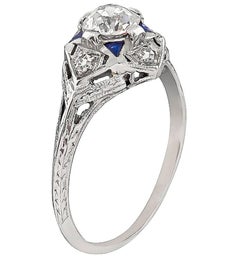 Art Deco 0.65 Carat GIA Diamond Sapphire Engagement Ring