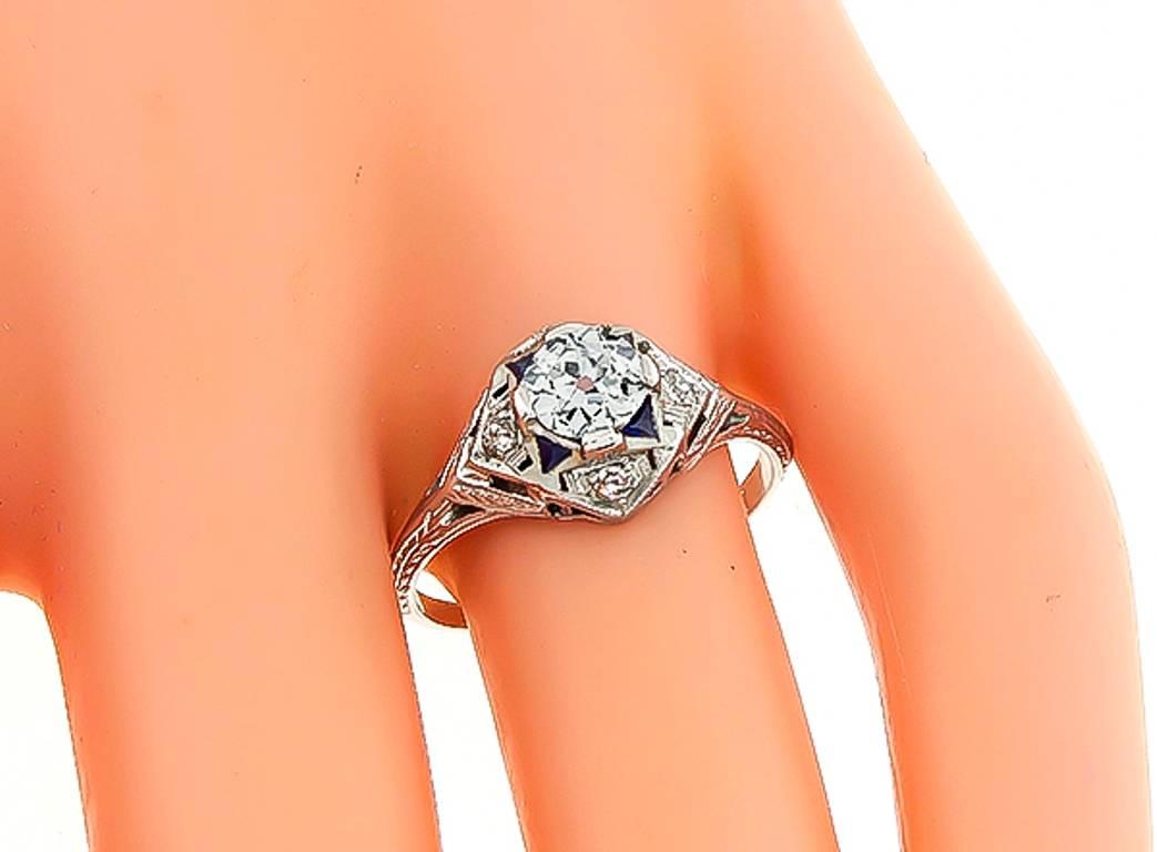 Art Deco 0.65 Carat GIA Diamond Sapphire Engagement Ring In New Condition For Sale In New York, NY