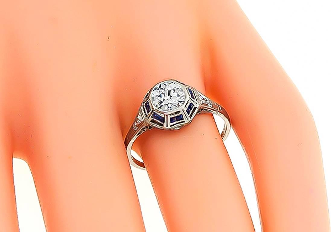 Art Deco Unique GIA Certified 0.70 Carat Diamond Sapphire Engagement Ring For Sale