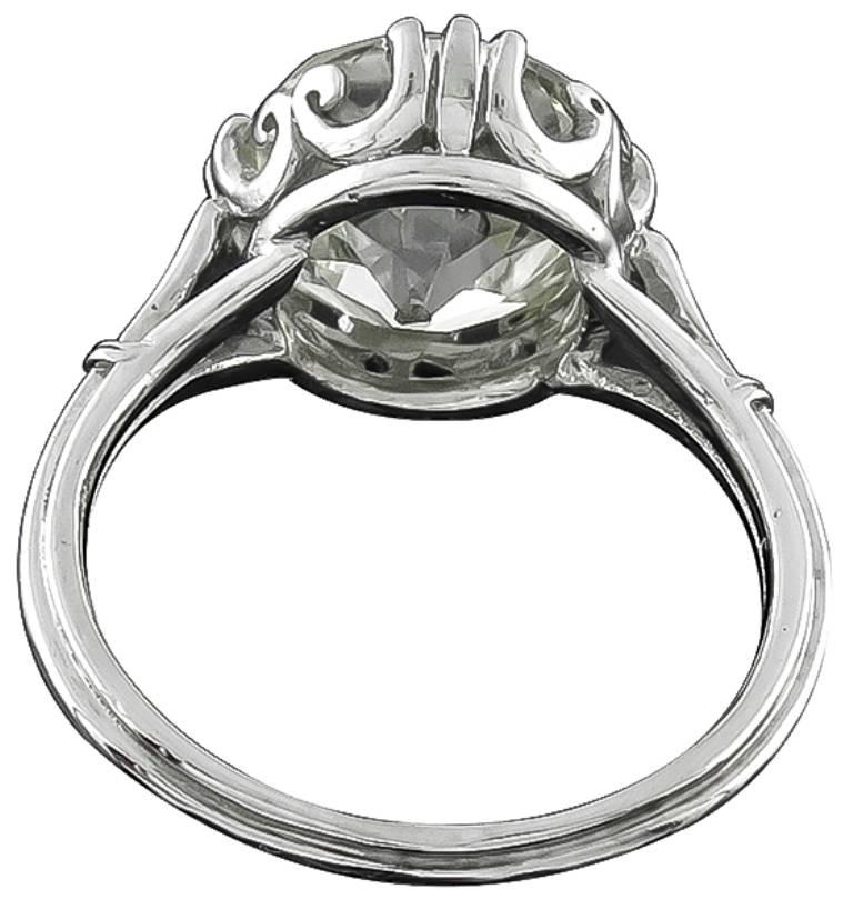 This stunning platinum ring centers a sparkling EGL certified old European cut diamond that weighs 5.02ct. and is graded K-L color with SI1 clarity.
The ring is stamped PLAT and weighs 5.3 grams.
It is currently a size 6, and can be resized.