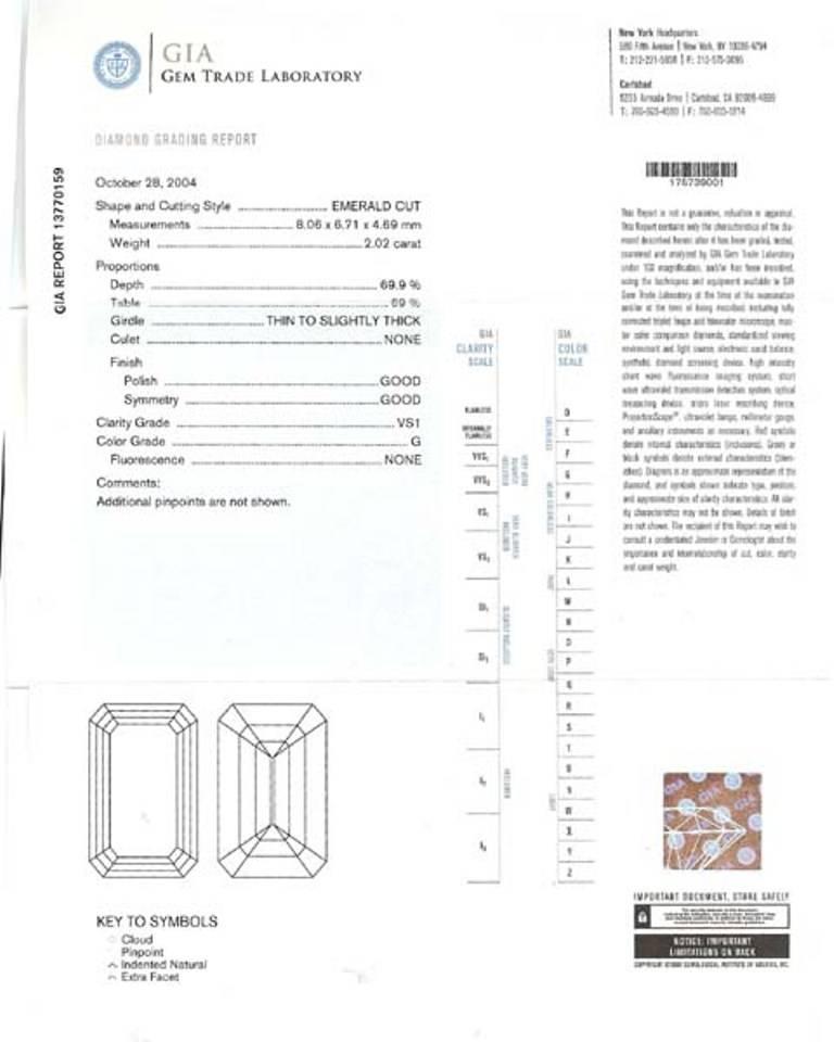 A true epitome of love and romance, this spectacular platinum ring centers a sparkling GIA certified emerald cut diamond that weighs 2.02ct. and is graded G color with VS1 clarity. The center stone is accentuated by approximately 3 carats of