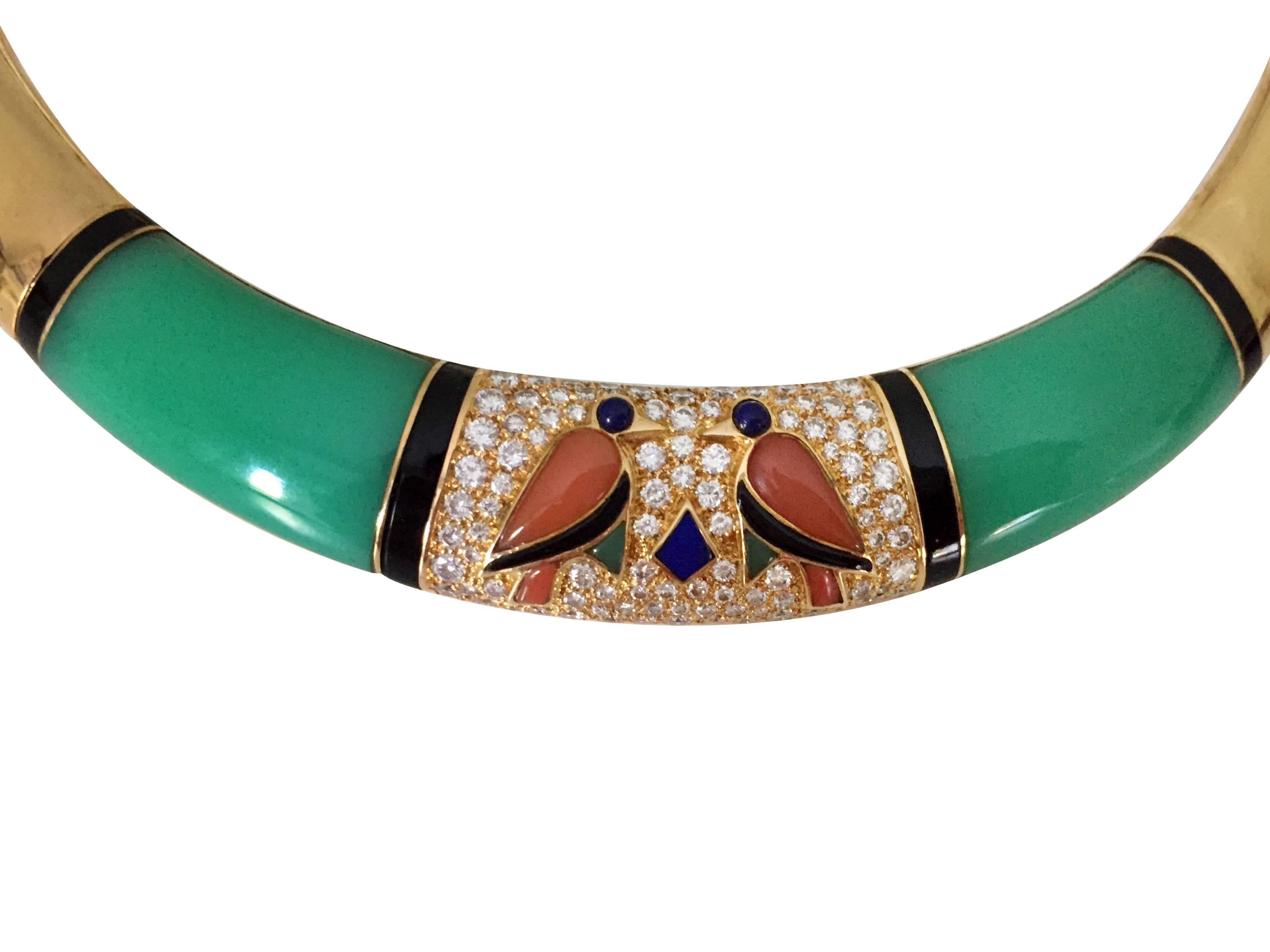 Van Cleef & Arpels
Necklace - circa 1980

Epitomizing Egyptian revival combined with the artistic juxtaposition of color contrasting precious and semi-precious gemstones inherent in the distinct Art Deco jewelry, this exquisite French VCA work of