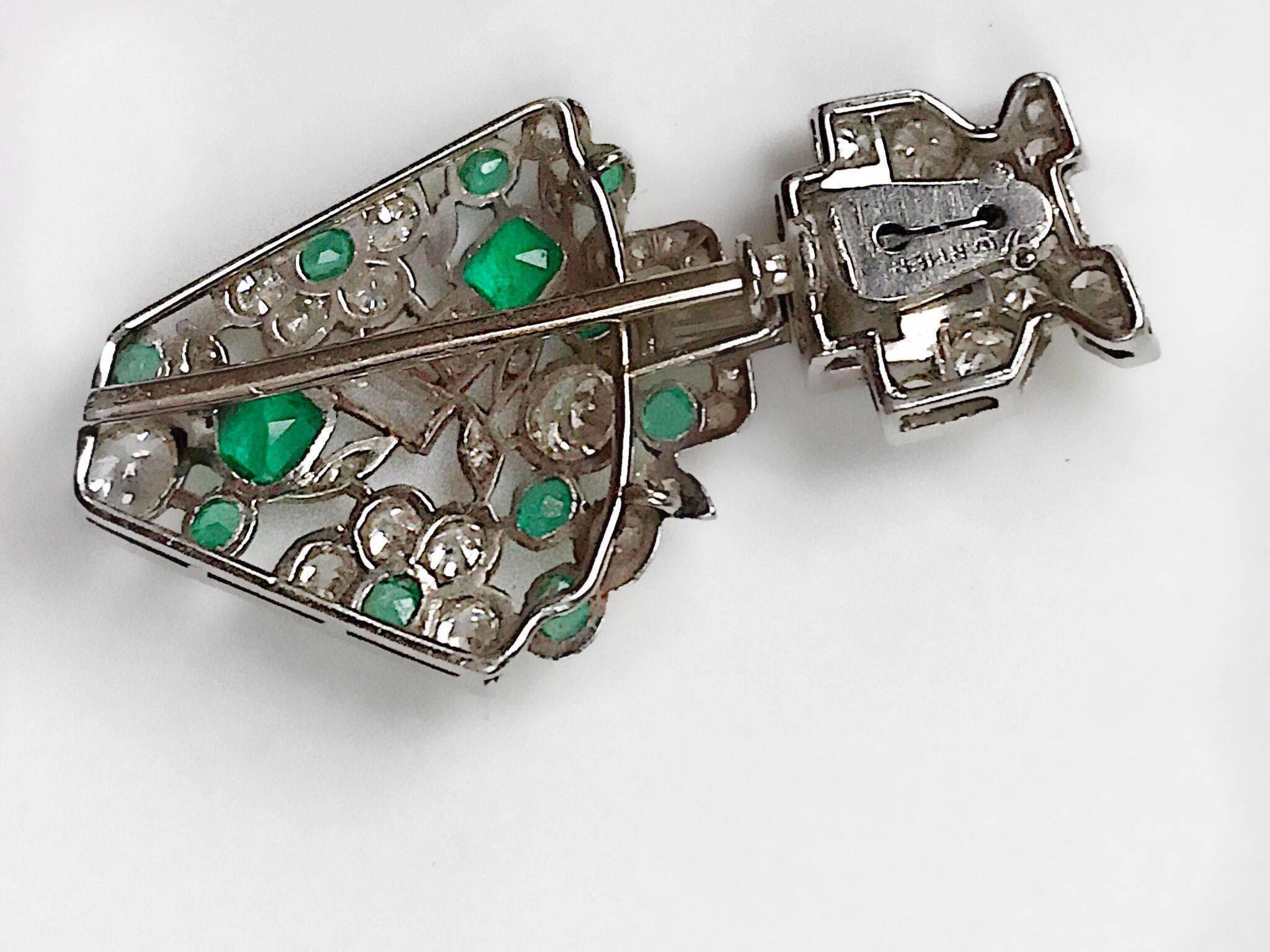 Cartier Art Deco Diamond Emerald Jabot Pin For Sale 1
