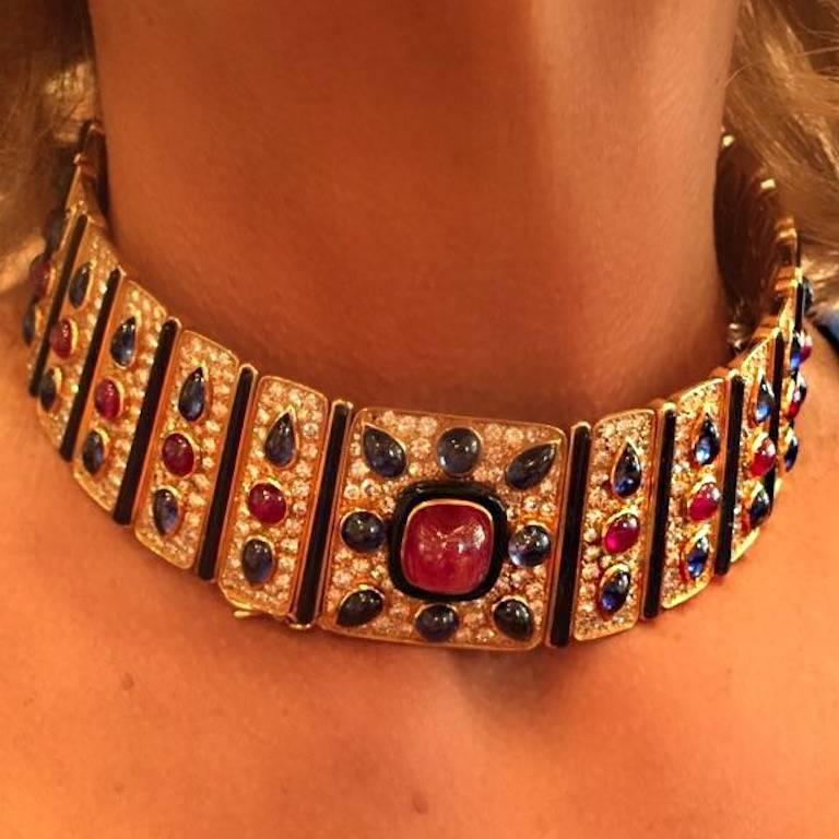 Marina B 1980s Diamond Ruby  Sapphire  Gold Collar necklace For Sale 1