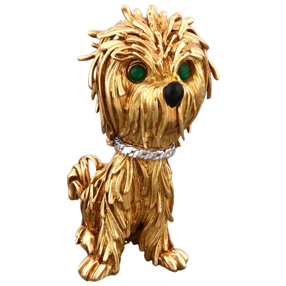 Emerald Gold Dog Brooch For Sale