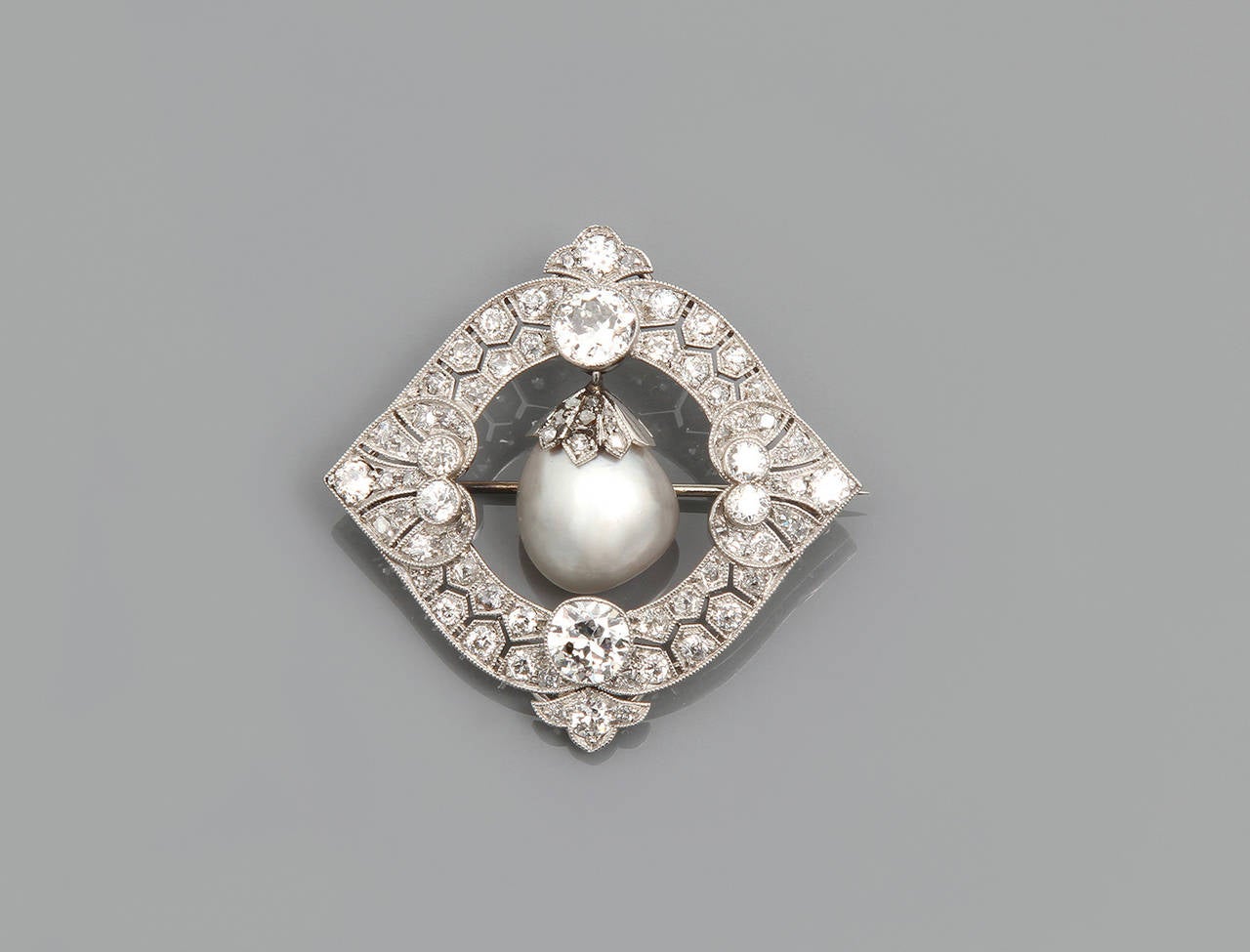 Belle Époque Baroque Pearl Diamond Platinum Pendant/Brooch