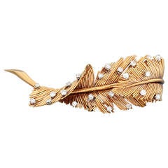 1950s French Diamond Gold Plume Brooch