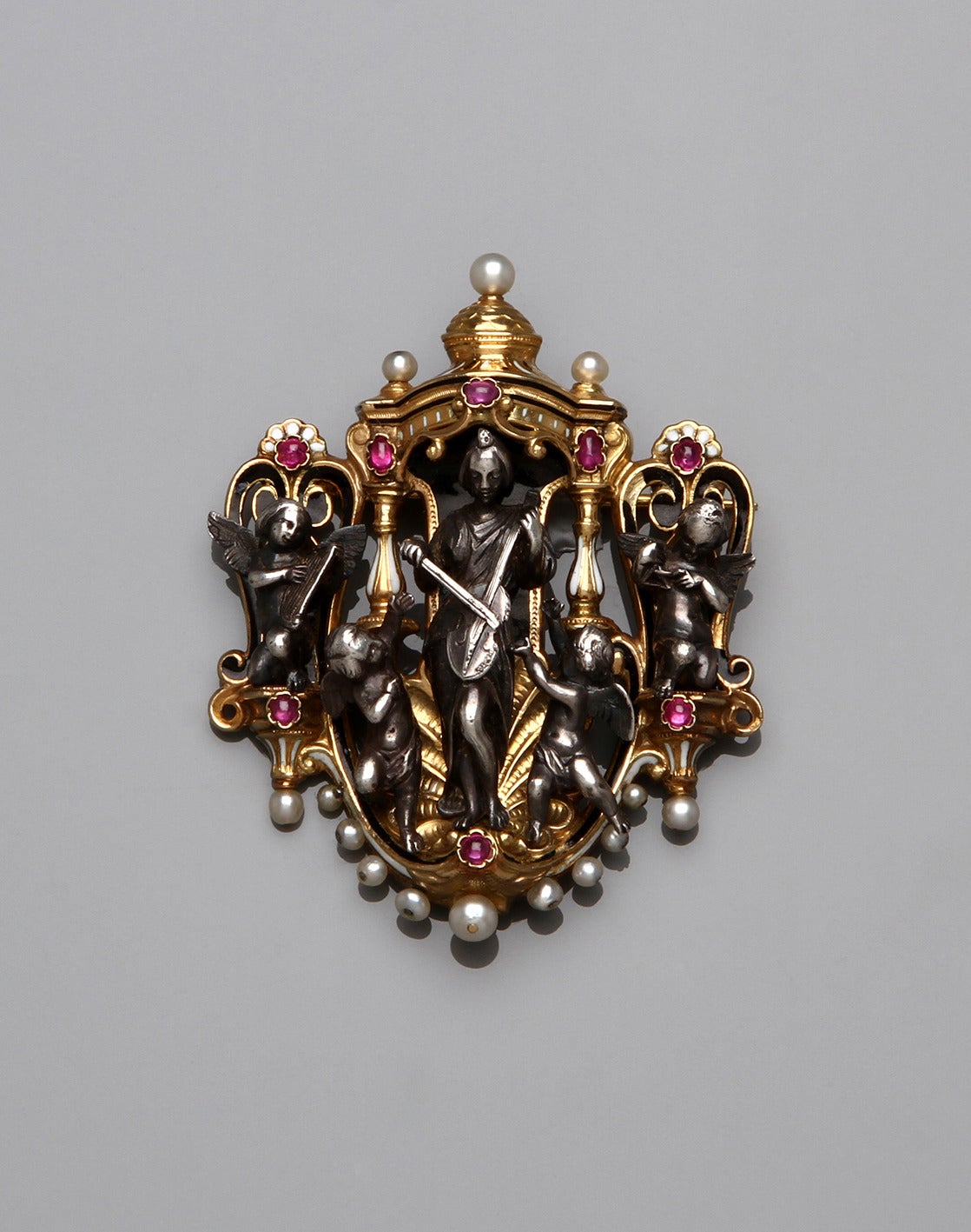 Froment-Meurice Renaissance Revival Enamel Pearl Ruby Silver Gold Brooch