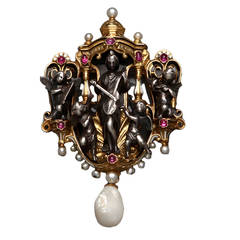 Froment-Meurice Renaissance Revival Enamel Pearl Ruby Silver Gold Brooch
