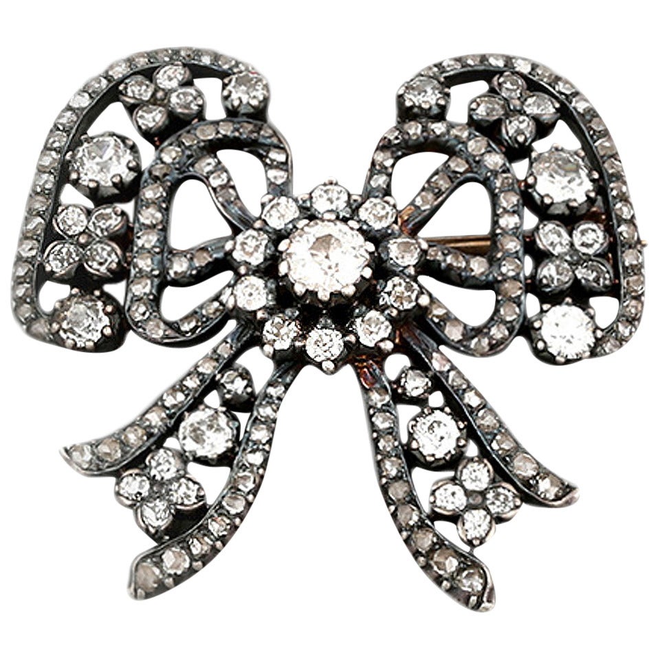 Cartier Diamond Silver Gold Bow Brooch For Sale
