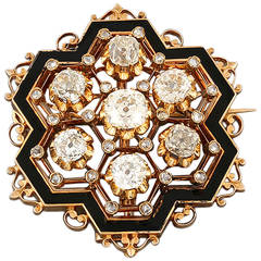 Late 19th Century Enamel Diamond Gold Hexagonal Brooch