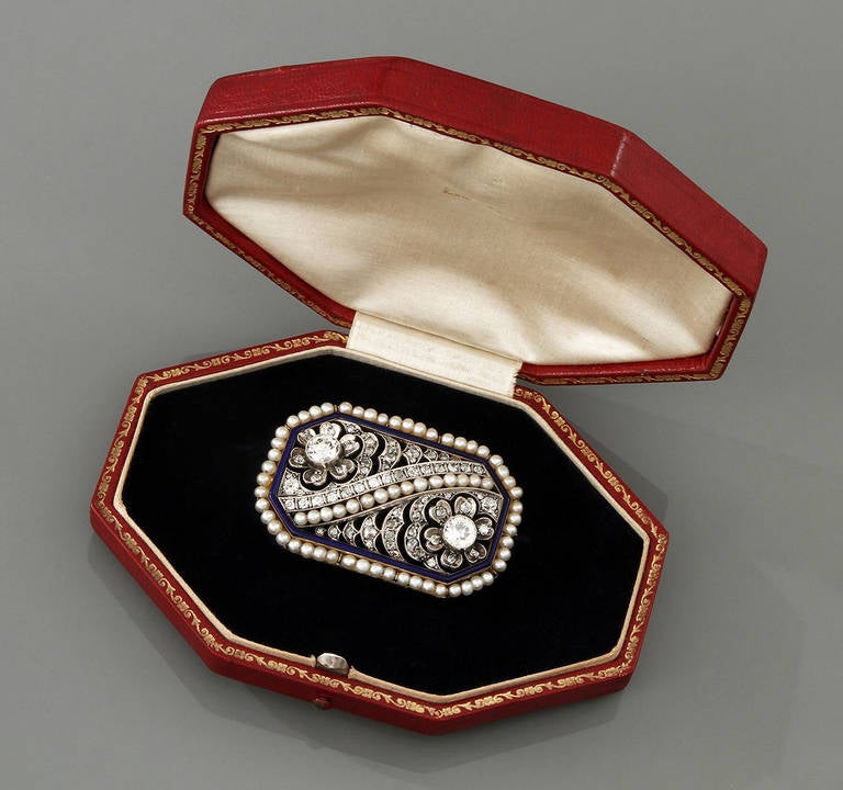 Women's Early 20th Century Blue Enamel Pearl Diamond Gold Brooch For Sale