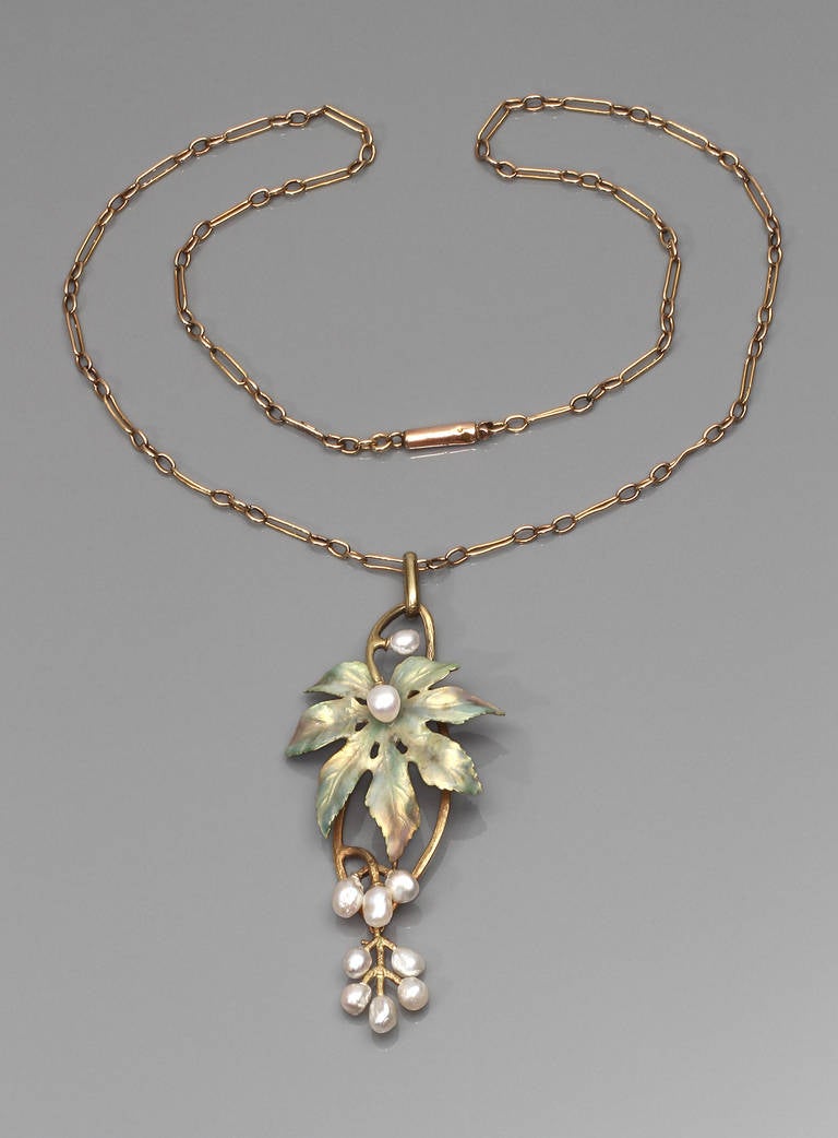 Art Nouveau Enamel Pearl Gold Pendant