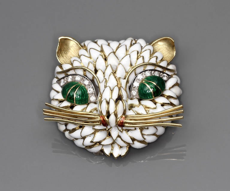 David Webb Enamel Diamond Gold Cat Brooch