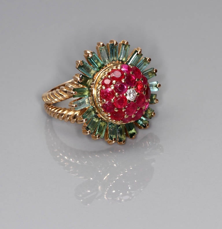 A Tourmaline Ruby Diamond Gold Ring 1960s