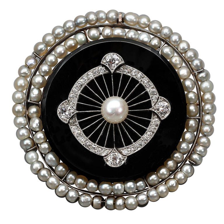 Art Deco Onyx Pearl Diamond Gold Platinum Brooch For Sale