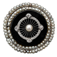 Antique Art Deco Onyx Pearl Diamond Gold Platinum Brooch