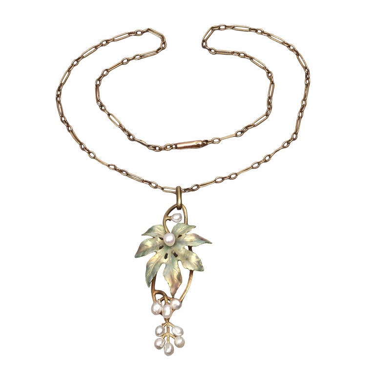 Art Nouveau Enamel Pearl Gold Pendant For Sale at 1stDibs