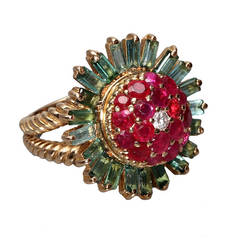 A Tourmaline Ruby Diamond Gold Ring 1960s
