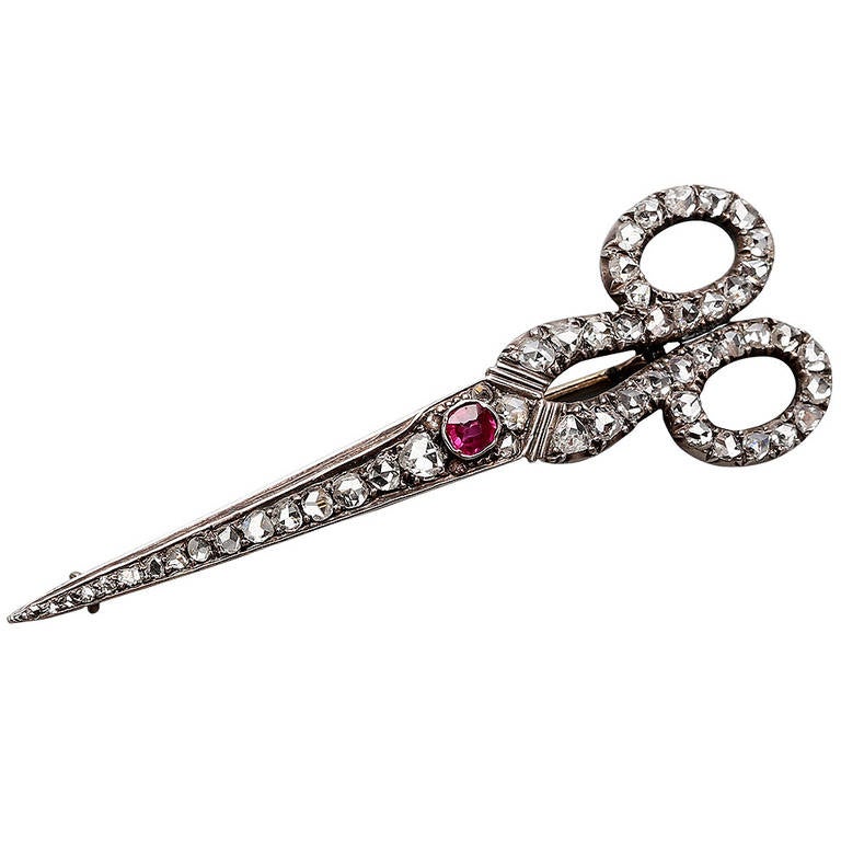 Late 19th Century Ruby Diamond Silver Gold Scissors Brooch For Sale