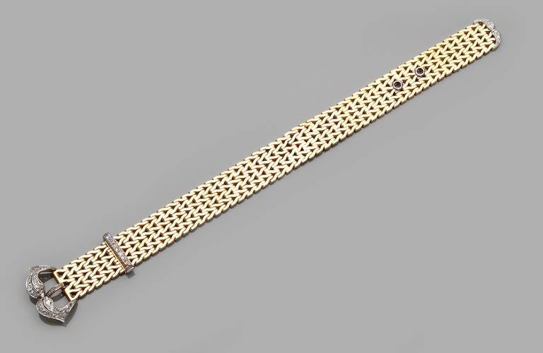 A Mid-20th Century Diamond Yellow and White Gold Buckle Bracelet