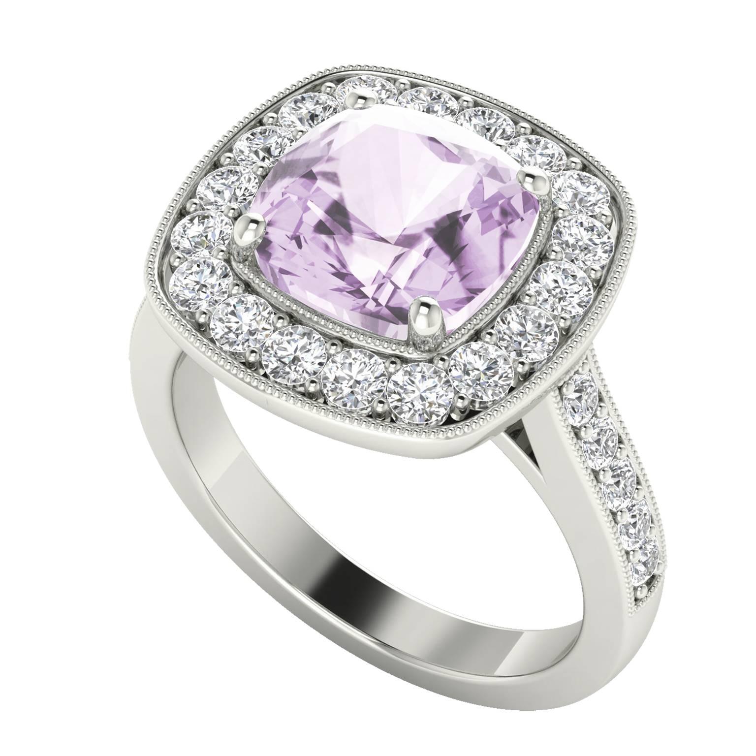 StyleRocks Cushion Cut Pink Amethyst Diamond Halo White Gold Ring For Sale