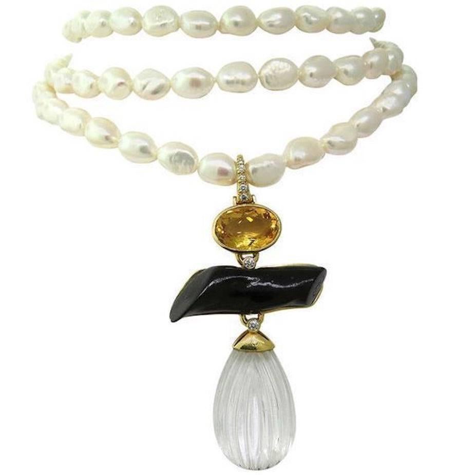 Andrew Clunn Triple Strand Pearl Necklace Citrine Diamond Gold Enhancer For Sale