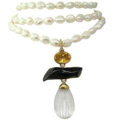Andrew Clunn Triple Strand Pearl Necklace Citrine Diamond Gold Enhancer 9